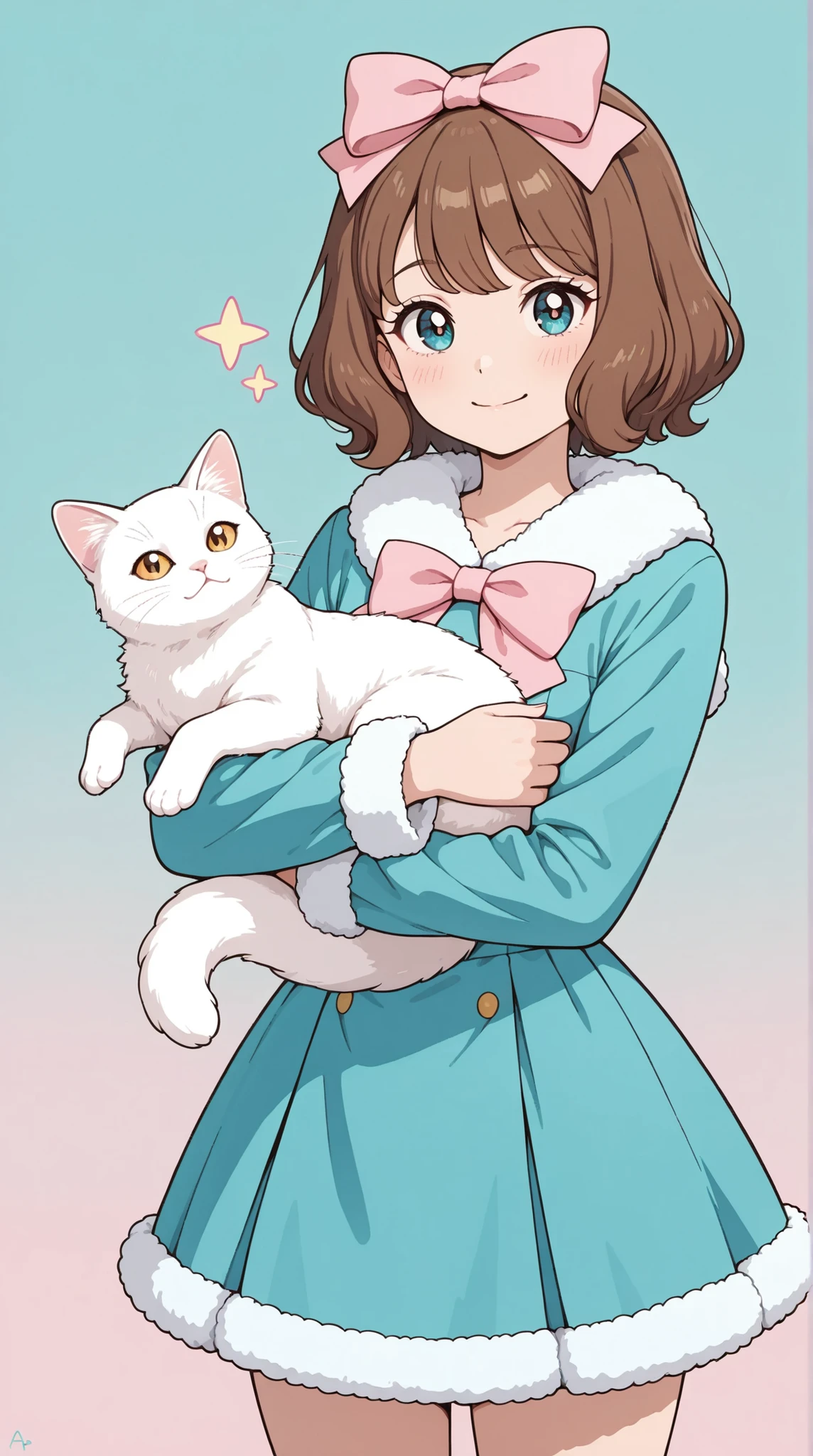 A pin-up style illustration of a woman with long brown hair, wearing a teal dress with faux fur trim and large pink bow, holding a white cat; the style is reminiscent of 1950s pin-up art, with a soft, pastel color palette, and a focus on exaggerated features and curves.  The image features a turquoise background with scattered pink star-shaped highlights and fluffy textures, ultra-detailed, intricate details,masterpiece, best quality, amazing quality, hyper-detailed, newest, very aesthetic 