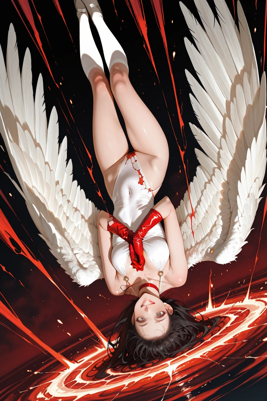 Aerial View,giant girl 50,000 feet high,Have a pair of long legs,Has a pair of huge angel wings,With huge devil horns on his head,Has white waist-length hair,loose hair,Wearing a pair of Mary Jane heels,white wavy hair,lace gloves,lace pantyhose,蕾丝whole body,leaning upright on a tall building,城市到处是blood stains,Beautiful appearance,Exquisite makeup,quality,8k,高quality,(governor:1.5),Perfect proportion, Cinema lighting,film grain,Fuji colors,8k,textured skin,Super details,high detail,high resolution,explode,fake smile,blood stains,脚底有blood stains,whole body,Fat stature
