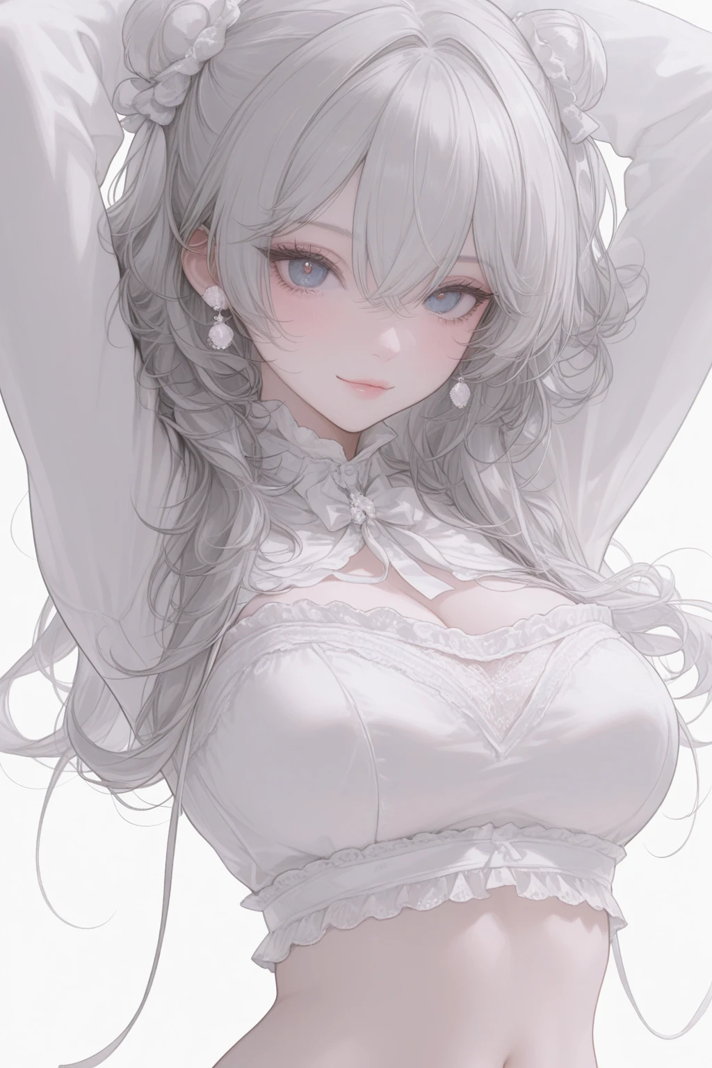 Emilia re:zero, purple eyes, Emilia, crown braid, x hair ornament, flower hair ornament, white hair, long hair, medium breasts, (Best Quality, 8K Wallpaper, Ultra-detailed:1.2), Beautiful silver hair, Complex butterflies, Long flowing white hair, white wedding dress, Detailed background, Deep V Neckline, Hair covering one eye, Bandeau Wedding Dress, chies, white roses, tight fitted, Vibrant colors