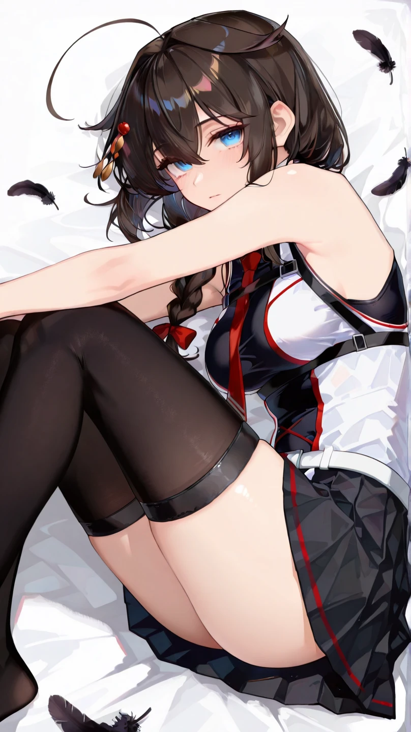 full body picture of girl with big breasts and big butt , long Brown black hair With blue highlights . bushing and smiling. with a collar around her neck wearing highly reviling clothes That is Just a see through White Tight fight cold Shoulder Tube crop top shirt That shows her breasts and tits. And a black , dropped waist micro skirtthat is very tight and That shows her extra small high rise g string panties And part of her butt. And high heels . Laying Down With her back and button a bed in sexy poses