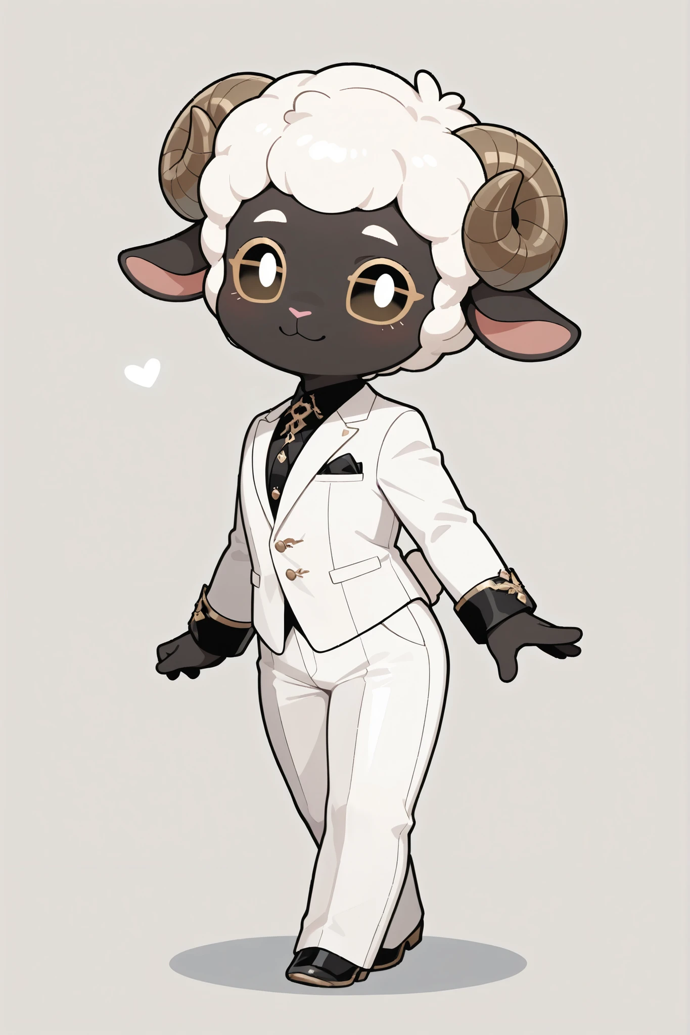 1guy,  male sheep anthro, white wool, opulent white suit, ornate white pants, chibi lamb, masterpiece, best quality, amazing quality, hyper-detailed, newest, very aesthetic