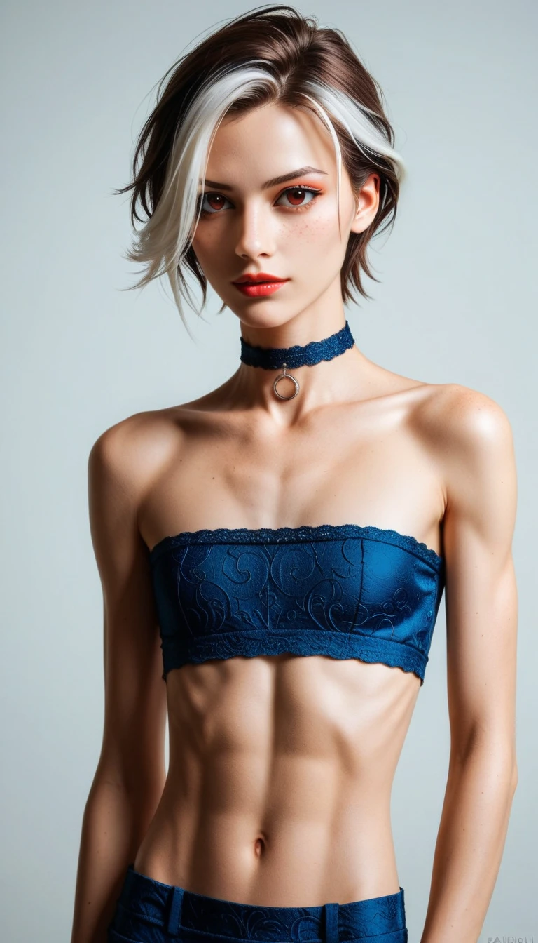 Beautiful skinny girl, elongated face and thin chin, freckles, blonde, blue eyes, red lipstick, beautiful makeup, white skin, with patterned top , shorts, in the night club , ponytail hair, shapely breasts, tattoos