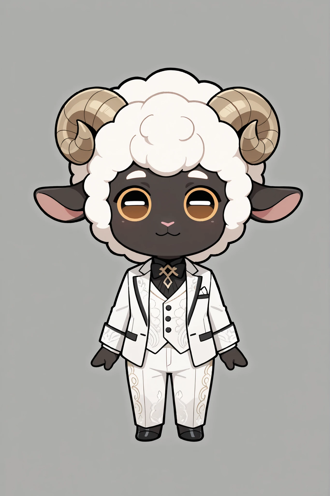 1guy,  male sheep anthro, white wool, opulent white suit, ornate white pants, chibi lamb, masterpiece, best quality, amazing quality, hyper-detailed, newest, very aesthetic