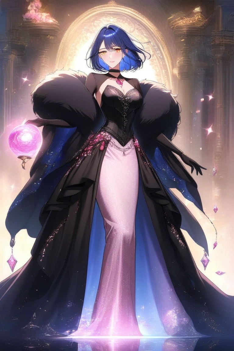 masterpiece, best quality, absurdres, 1girl hwolfie , [ballgown|edgmarquise], edgmarquise, wearing a ballgown, looking at viewer, bare shoulders, breasts, dress, earrings, jewelry, pearl necklace, solo, contrapposto, standing, hand on own hip, angry frown fangs out indoors smile, full body, corsept