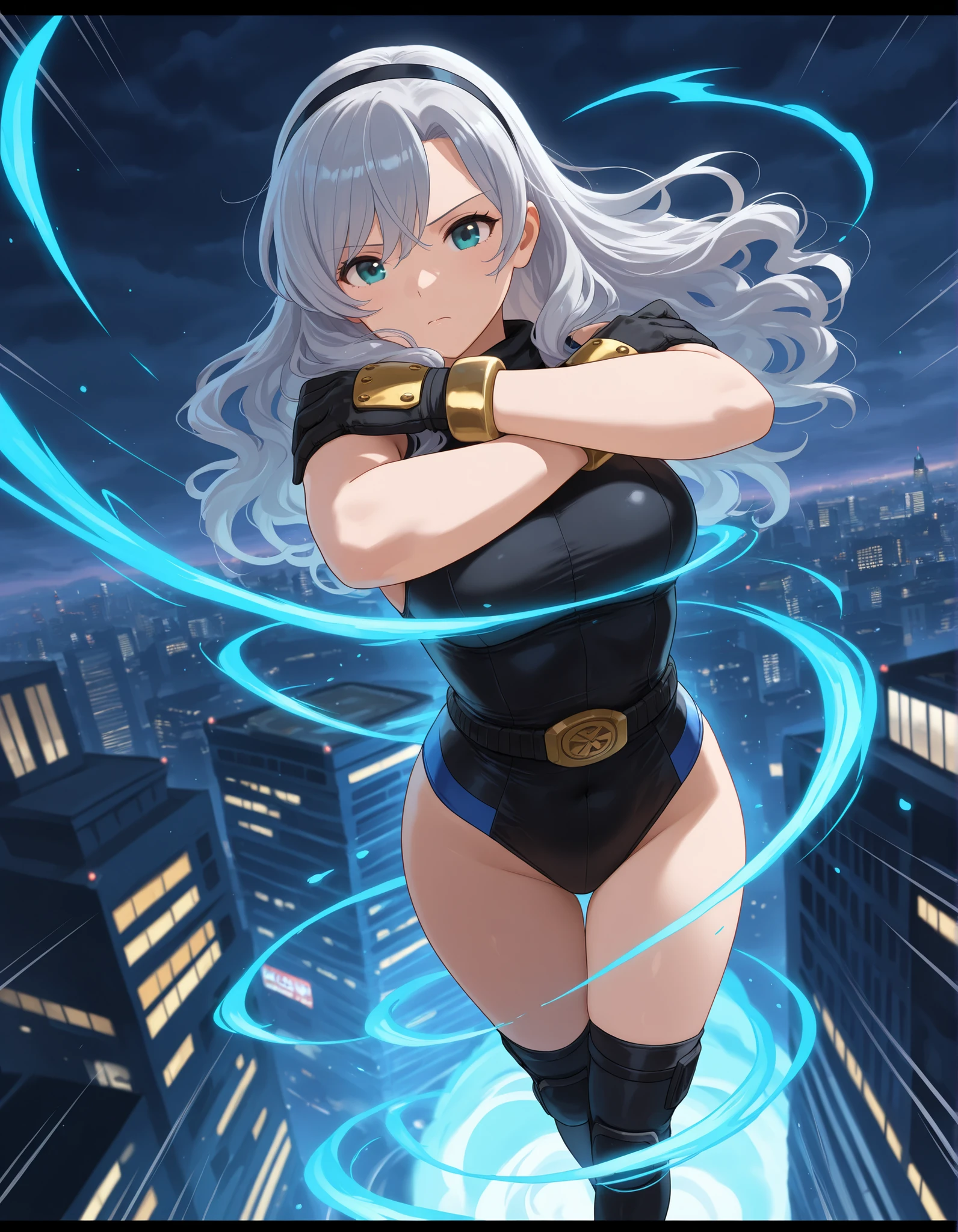 masterpiece, best quality, 1girl, grey hair, shoulder length hair, wavy hair, black hairband, auburn eyes, beautiful detailed eyes, beautiful detailed face, cute face, stoic, professional, ninja, black leotard, black tactical gloves, bare legs, gold bracelets, black thigh-high boots, cityscape, night, noir atmosphere. (fast spin, standing, dynamic whirl pose, spins fast in place like a tornado, whirls fast in place like a tornado, tornado whirling, spiral lines around her, speed lines around her, spinning blue energy pulses around her, storm winds around her, whirls into a tornado, (she whirls) at (super speeds). 1.2), full body costume design, (she super-spins, whirlwind, light particles, fix hands, dynamic energy swirl, 1.2). (crossed arms:1.4). (character focus).
