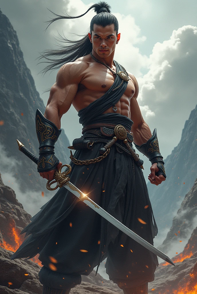 White male, 20 years old, muscular and shirtless, green eyes, long straight black hair flying in the wind, white leather pants, black steel boots that extend to the knee, black steel sword with hilt wrapped in white ribbon
