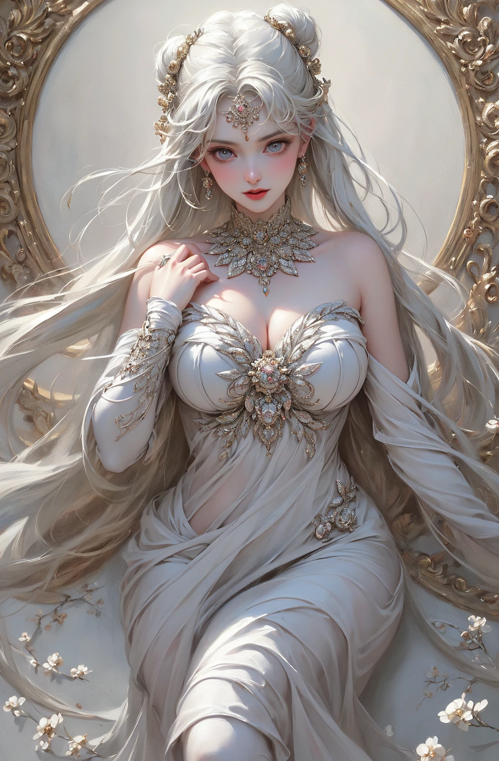 8K,Empress goddess wearing a white dress and holding golden feathers, Mature goddess with very big breasts,Super beauty(Like the real thing)super realistic skin,sexy goddess costume,beautiful long white hair,Delicate and precise golden decoration,fanart best artstation, ig model | ArtGerm, a beautiful fantasy empress, ArtGerm. very detailed Artgerm, 2. 5 d cgi anime fantasy artwork, wlop and ross tran, ((a beautiful fantasy empress)), Trending on CGSTATION, ross tran and wlop,big earrings with red gemstones,Very gentle smile,very large breast,