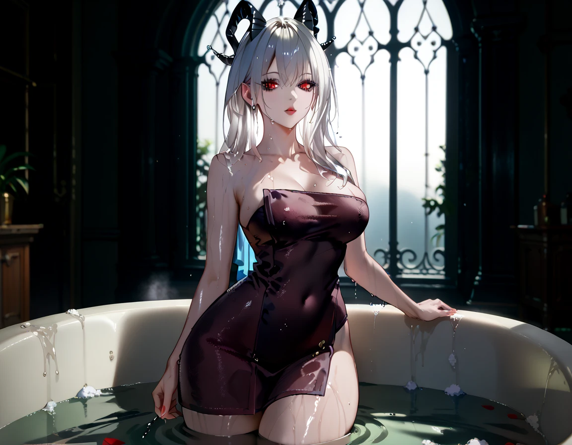 masterpiece、top-quality、1girl in。(bathrobe:1.2), white hair,Red Eyes,(mare:0.8), (Fantastical:0.7), (A smile:0.8),fox ear,salon,wear bra, wear dress , wet clothes,wet hanging,salon, perfect body, perfect breast,((blush on: 1.2)),((fox-tails:1)), perfect big fox-tails, crop top, ((white legwear)),hair bobbles, tights, recumbent on the bed, hot, girl below, looking up,(( Wear dress)), white suit,((wet:1.3)), neckline, navel, t-shirt, ((bra)), clothes lift, tights, perfect face,((peeing:1.4)),wear pantie, (heart-shaped pupil:1.4),