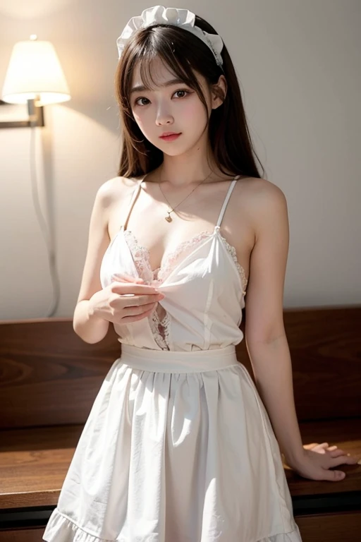 ((knee shot)), Shot from a random perspective, 22-year-old Asian model, slim, Slimming the waist, curlies, White thin silk fabric lace petticoat, cropped shoulders, warm lights, Warm tones Slender legs, Cross ed leg, In the classroom, sitting on the classroom desk, warm lights, a warm color palette, Dynamic pose, posing elegantly, blonde hair, streaked hair, hair ornament, heart-shaped pupils, makeup, light smile, shy, licking lips, Romanticism, Social realism, chiaroscuro, motion blur, anaglyph, Sony FE GM, UHD, masterpiece, textured skin, super detail, best quality