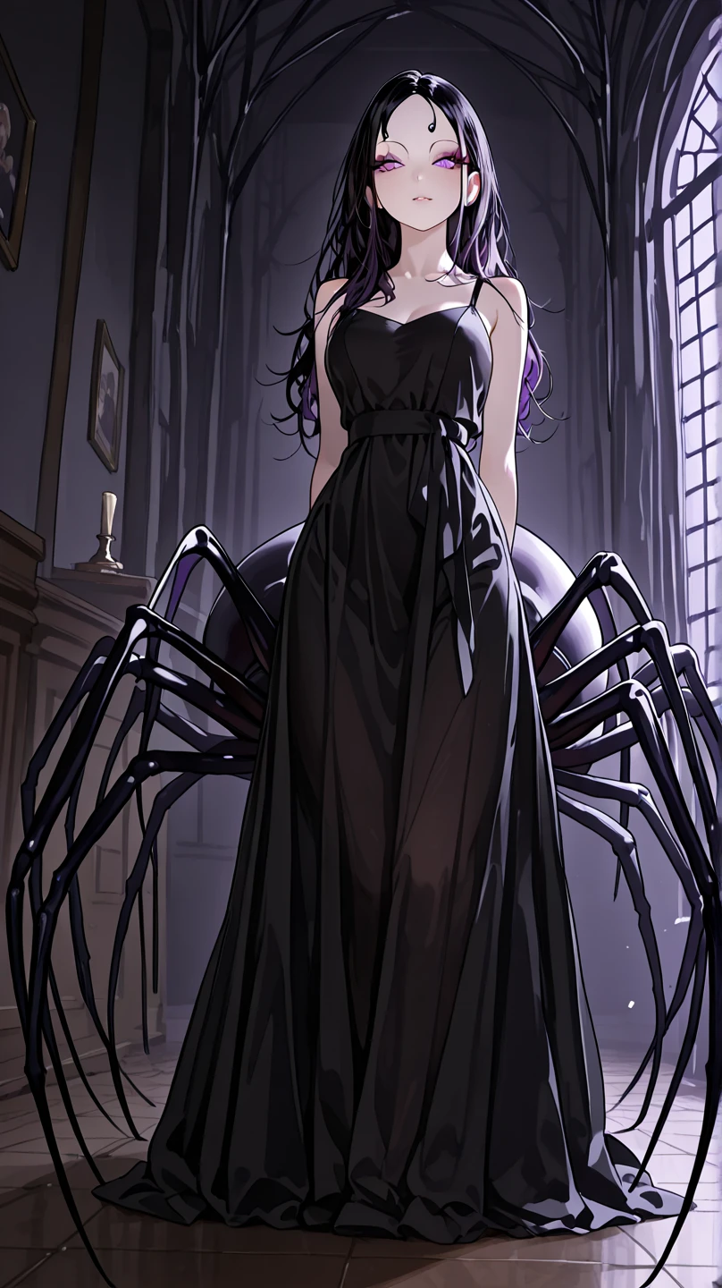 Create an image of the most stunningly gorgeous beautiful perfect sexy woman, stunningly beautiful face, showing clevage, large breast , perfect ass , full body view , long black tight lace goth dress, spider webs, front facing,