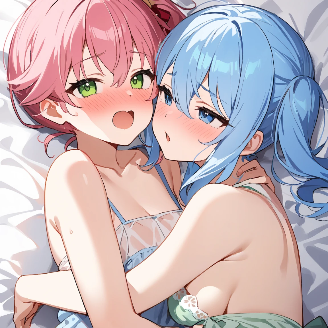 2 girls, one person has long green hair, eyes are blue.., The other one has long pink hair..................., eyes purple.........., high quality, couple , Girls love girls........................., Lily ,beautiful girl, Bian, Lovers ,. Koi., . expression of love. Lovers. date. , bedroom ,kiss,At night, Pajama, shy girl, caress , Plump body , big boobs