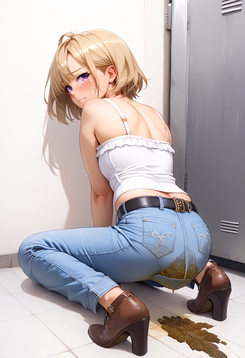 (masterpiece, best quality), 1girl, , 8 years old, baby face, small breasts, small ass, small hips, blue eyes, short ponytail hair, blonde hair, Black Crop top, Denim Very shorts, bedroom, striped thighhighs, CUTE SMILE, cute face, cute makeup, glasses, ((FOCUS WEAR BOOTS)) , hands on the hips, (((FOCUS WHOLE BODY VIEW))), (((FOCUS SIDE VIEW))), SHE IS LOOKING TO THE VIEWER.