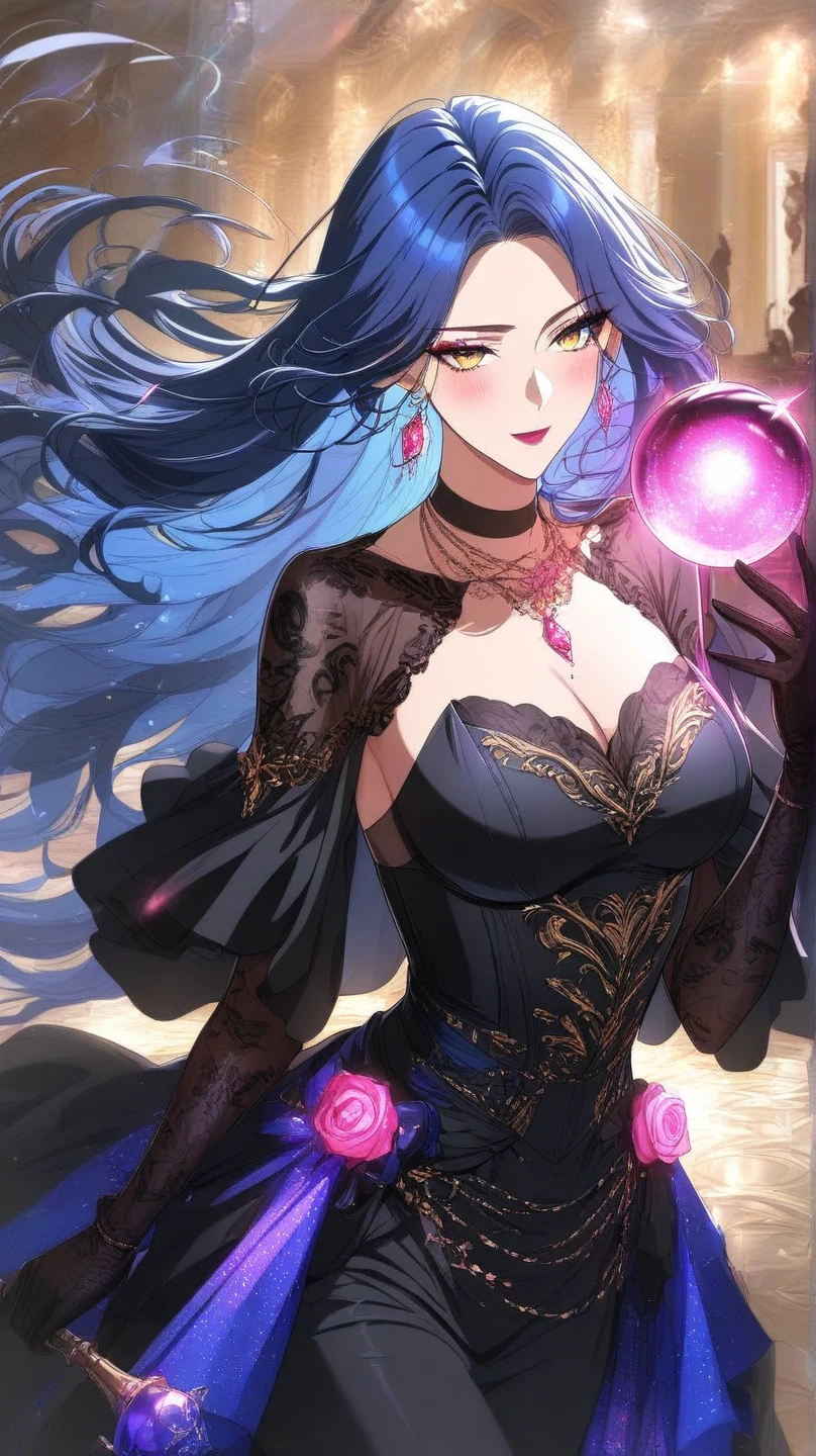 (Masterpiece, Best Quality), 8k,(((highly detailed))), lace:1.8,Super intricate lace pattern,colorful lace pattern,stained glass background, kaleidoscope,light-up,baggy Gothic, 1 woman,(wave hair,neon hair),big breasts,mirror