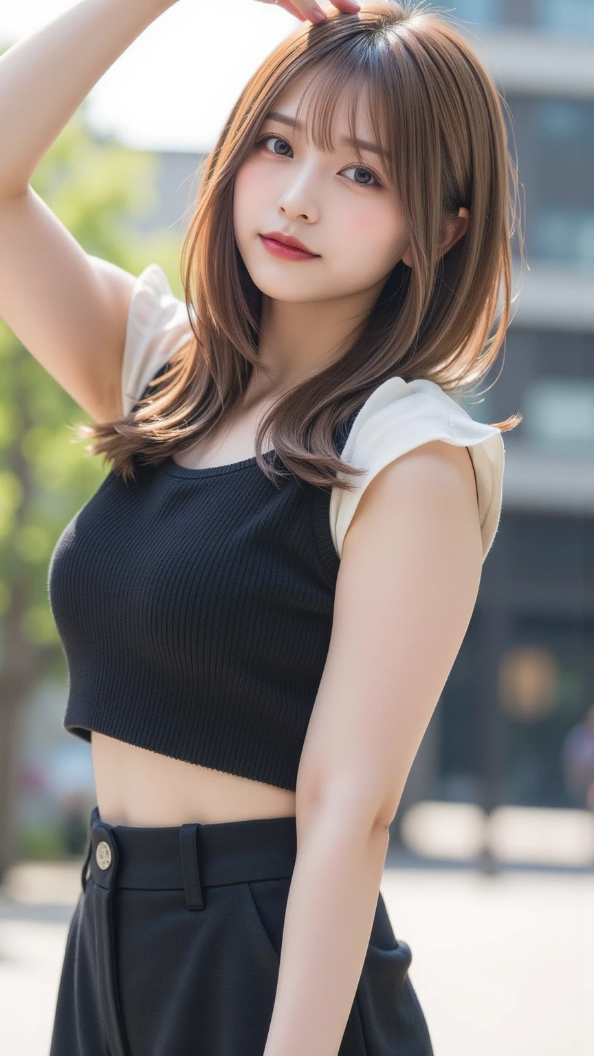 frame in, from right in front of face and body, full body, High quality, very high res, High quality, cute girl, (straight hair:1.2), black hair, forehead, medium hair, parted bangs, looking at viewer, (nude:1.2), (flat chest:1.2), pale pink nipples, (pink floral pattern fluffy skirt, smile, (looking back:1.2), standing