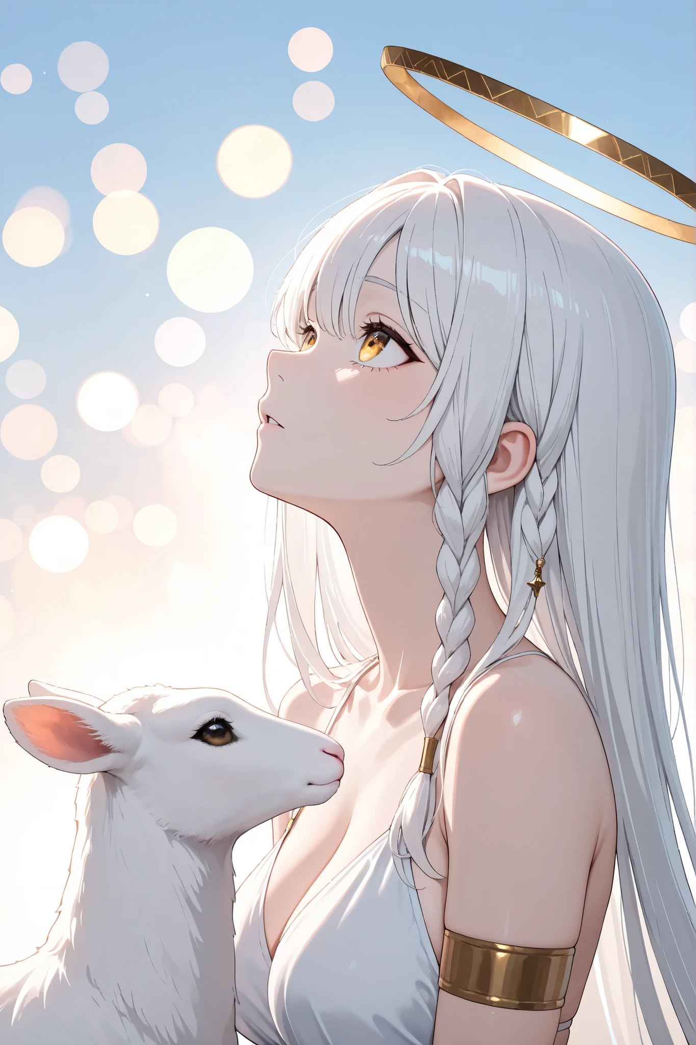 1girl, long white hair, gold eyes,white garbs, looking up, upper body,Fair skin,side braid, lamb, bokeh, halo, masterpiece, best quality, amazing quality, hyper-detailed, newest, very aesthetic 