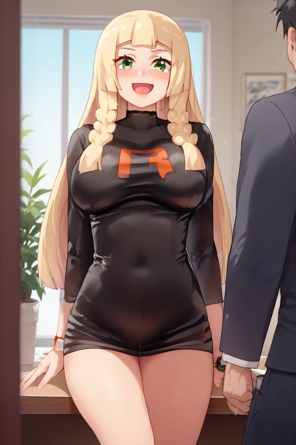Girl is hugged from behind by an old man,1 girl,blonde ponytail girl,girl in black leotard,A girl wearing a high-leg cut,Barefoot girl,the girl is blushing,Girl is sweating,the girl has a serious face, 1 elderly person,old man wearing a white coat,the old man is grinning,Research room