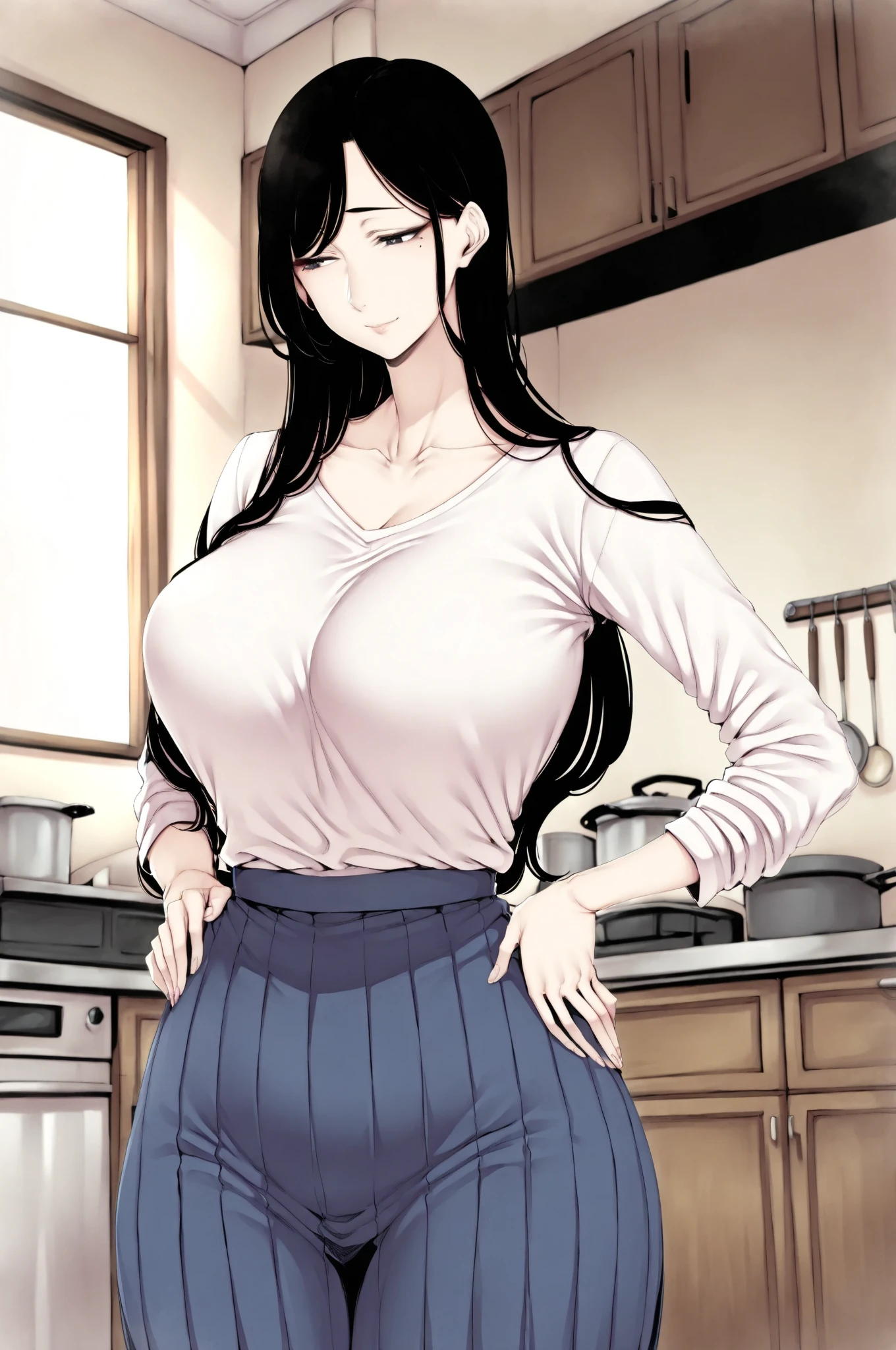 Mikoto Uchiha, milf, mature woman 30 years old, standing, ultra-detailed, realistic, soft lighting, (best quality,4k,8k,highres,masterpiece:1.2), (big breasts), professional, ((naked)), long black hair, black eyes, beautiful detailed eyes and face, extremely detailed smile, blush face, sad smiling, long eyelashes, looking at viewer, busty, big ass, big tits, apron, pubic hair, living room.