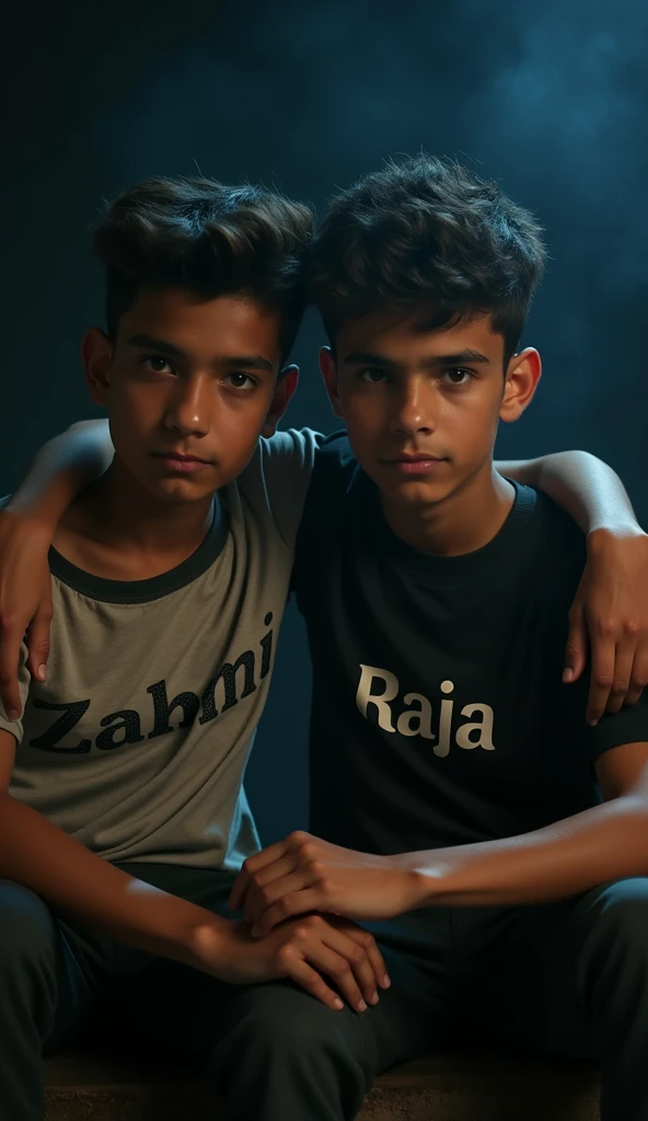there are two boys standing next to each other in front of a black background, very very low quality picture, profile pic, brothers, very clear picture, two young men, ghutra and egal, taken with sony alpha 9, a picture, photo taken in 2 0 2 0, real picture, photo taken at night, very artistic pose, high quality picture ,100mp quality