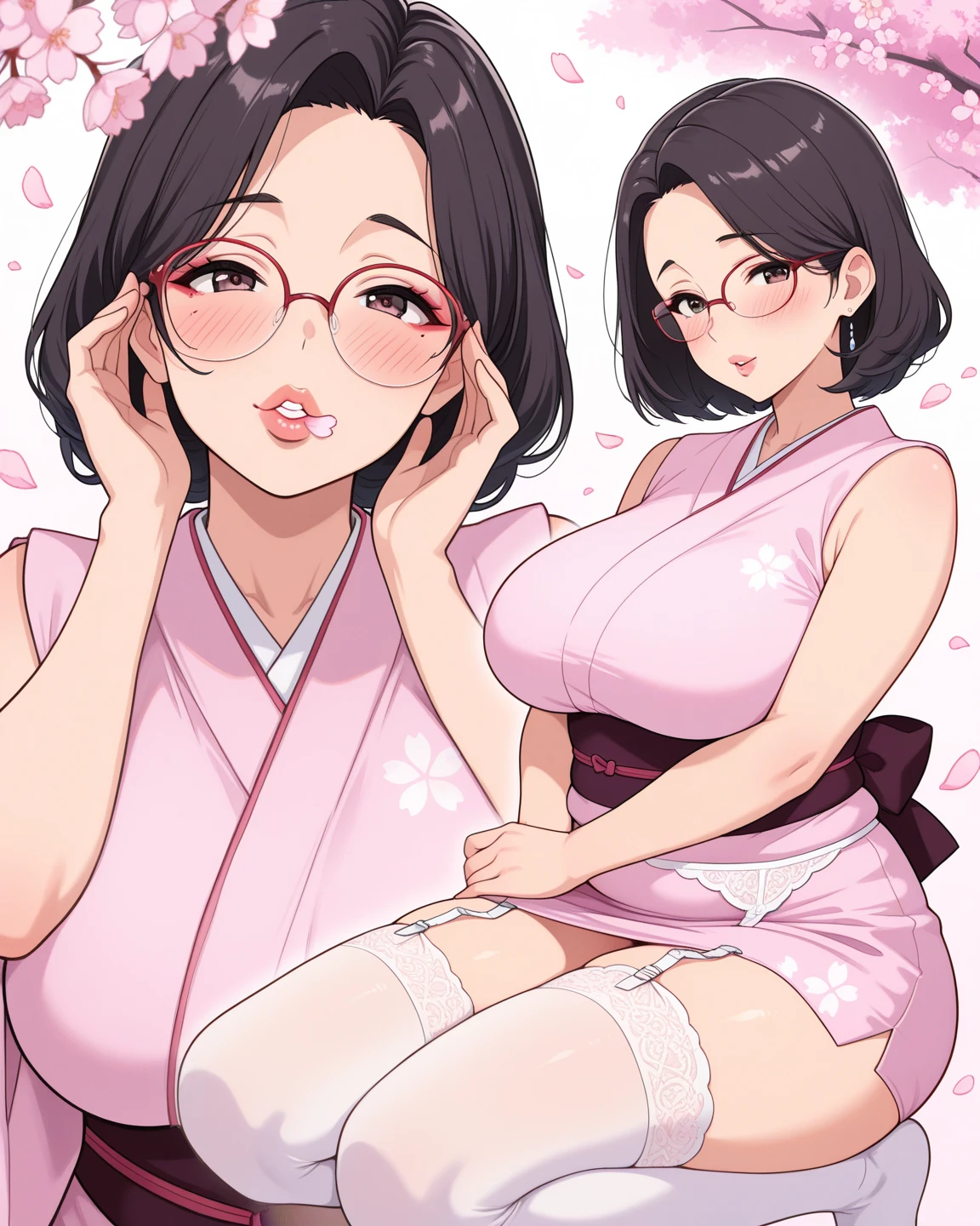 Detailed Background,Art Deco,Beautiful landscape painting,Botanical Art,Flower Art,(Floral:1.2), (masterpiece, Highest quality),Vibrant colors,colorful, Highest quality, Amazing details, Anatomically correct, Line art, Written boundary depth,Flat Shading,Bokeh, woman、14 years old、Black Hair、Braiding、Glasses、Parting the bangs and sticking out the forehead、whole body、Pink good、Showing off pussy、 Sit with your legs apart:1.5、Showing pussy、sexy、Passionate、Stretch your legs、(Thighs)、(Large Breasts)、Plump Style、Black socks、 Mucha style、Ukiyo-e style、Looking up at the camera、Browsing Caution