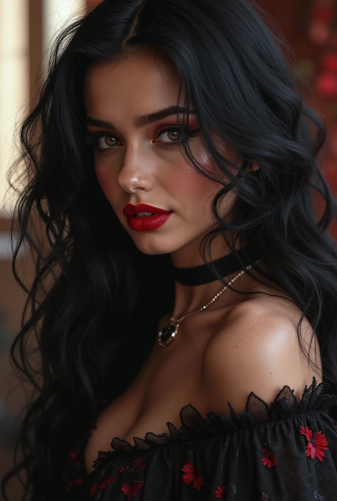 (best quality)), ((masterpiece)), (detailed), perfect face, Envision an art drawing of a female with dark black hair styled, her eyes adorned with smoky eyeshadow and dramatic eyeliner, in long red nylon split dress, seductive smile, her curves, huge breasts, slim waist, curvy figure, proportionate hips, huge breasts. Use a dimly light setting to enhance her mysterious charm. red lips, in a park, perfect hands, perfect fingers