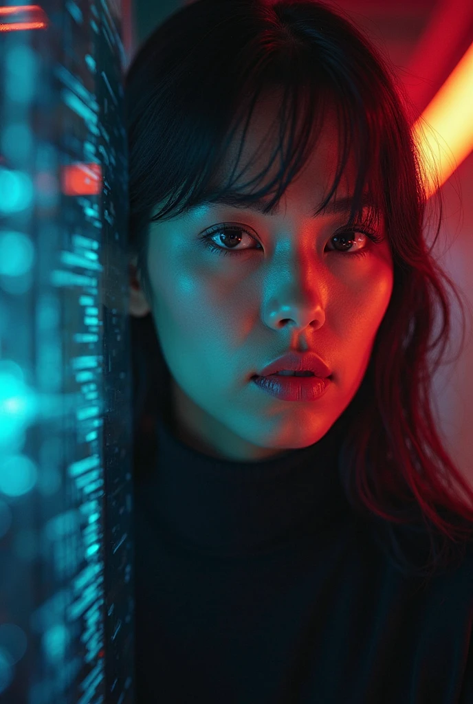 35 year old unattractive Malaysian women, black curly hair, HD hyperrealistic portrait photography, lit from behind with a blue neon industrial lamp, the model is behind an old plastic broken translucent that occupies the entire image, looks through a curtain made of very old and dirty yellowed PVC strips,movie aesthetic, the background is the interior of an industrial warehouse without artificial light, very dark, illuminated by red neon lights, candid