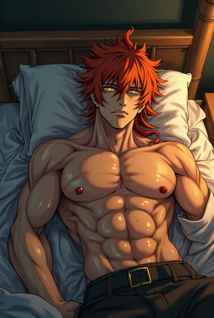 In a bold, high-contrast shot, a striking figure stands out against a fiery orange backdrop, his chiseled physique on full display as he confidently strikes a pose. No clothes and underwear accentuates his rugged build, while vibrant locks tumble down his forehead, framing piercing blue eyes that sparkle with mischief. The dynamic energy and Kimetsu no Yaiba-inspired palette radiate from this captivating tableau, drawing the viewer in as the subject's gaze meets theirs. Open legs, lyed on a bed , nudity