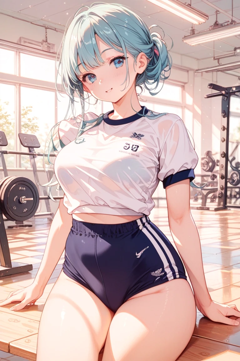 bluearchiveShiroko, Shiroko, animal ears, blue eyes, gray hair, hair ornaments, hairpin, Hello, medium hair, wolf ears, break (((((navyblue bloomer)))))‚(((((white shirts)))))‚(((((gym clothes))))) break looking at viewer, break indoors, classroom, break (masterpiece:1.2), highest quality, High resolution, unity 8k wallpaper, (figure:0.8), (detailed and beautiful eyes:1.6), highly detailed face, perfect lighting, Very detailed CG, (perfect hands, perfect anatomy), (((Ride a mountain bike))),((Cycling))