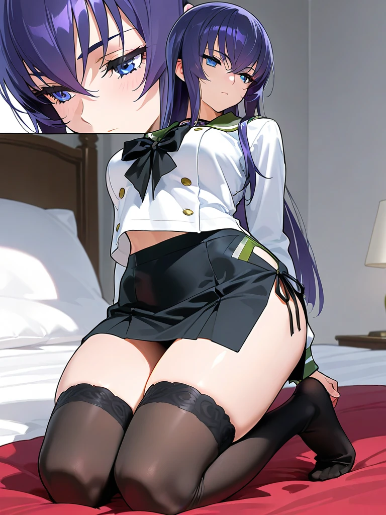 a female cartoon nude laying on top of a male cartoon nude as he fucks her, 1girl, necktie, breasts, hetero, penis, vaginal, panties, 1boy, underwear, black necktie, large breasts, sex, one eye closed, black hair, missionary, on back, uncensored, panties aside, see-through, open mouth, thighhighs, long hair, clothing aside, pussy, lying, black panties, , jacket, blush, clothed sex