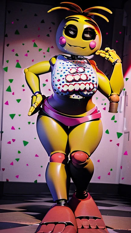 Transform Kaley Cuoco with enormous tits into a pop art icon, with bold, vibrant colors and dynamic shapes, creating a visually striking and energetic composition. (full body:1.5)