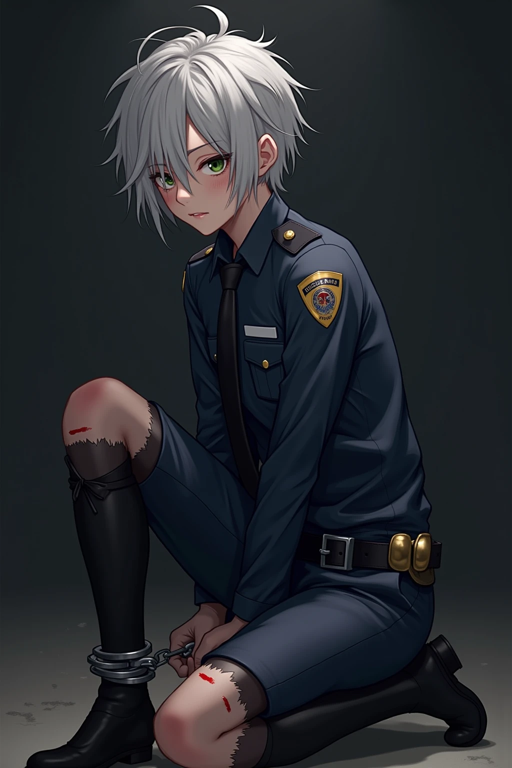 ((best quality)), ((highly detailed)), masterpiece, detailed face, beautiful face, , (1girl), from below, pantyshot, upper body, ((<lora:Change-A-CharacterGCop:.7>, GCop, uniform, jacket, belt, necktie, collared shirt, shirt tucked in, pants, shoes, gloves)), (white tiger girl), tiger ears, tail, ((body fur:1)), white fur, (black stripes), (multicolored hair, white hair with black stripes:1.3)), black hair), blue eyes, ((streaked hair)), (abs), (fangs), (long nails), (smug), short hair, tomboy, (outside, in a garden, dawn), <lora:naughty_to_nice_v3:4>