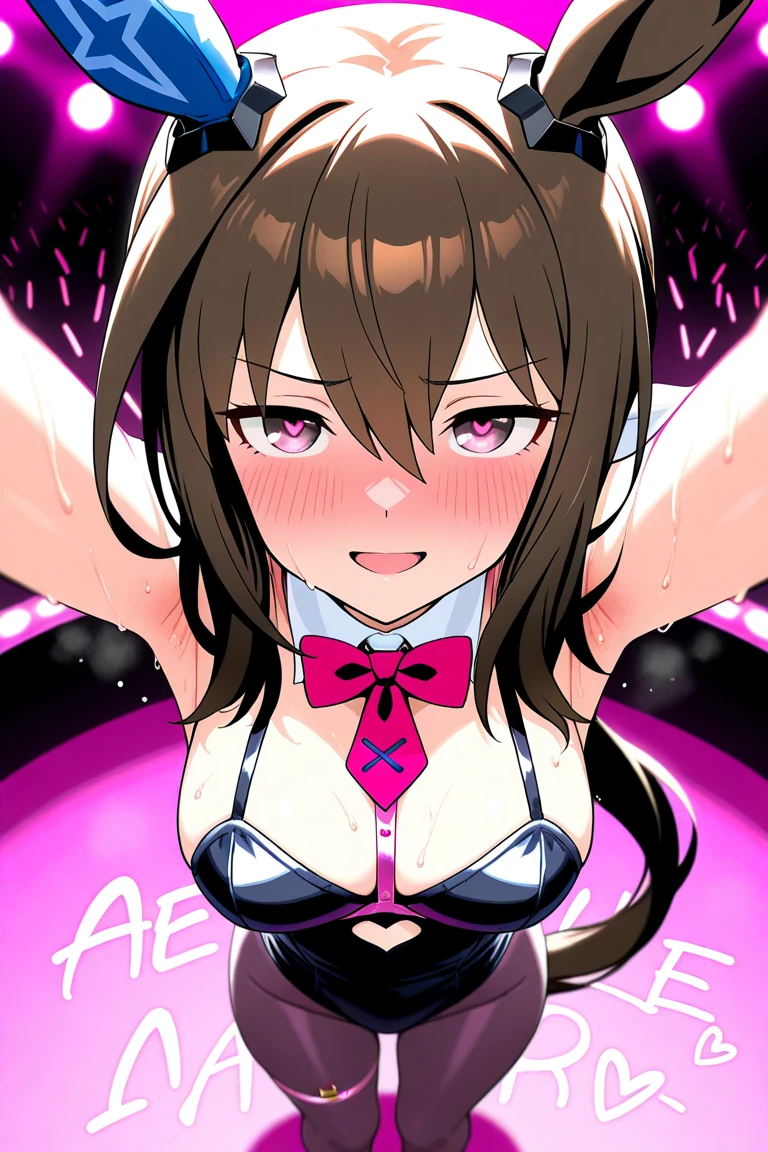 Browsing Caution、Primary school students、、Long Hair、((Small breasts、Small breasts、anger))、((Sweating profusely、Full nudity、Wrapping a ribbon around the body))、Draw the whole body、Dancing、Grab the microphone、Standing on the idol stage、Raise your arms、Show your side、Realistic body、Wearing a dog collar,V-front ultra-thin micro-plunging swimsuit