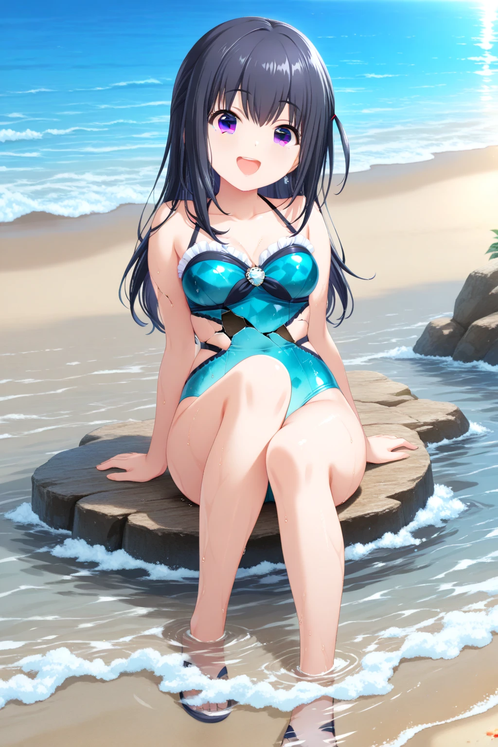 masterpiece, Best quality, standing, LiselotteCretia, slight smile, long hair, Wavy hair, bang, hair between eyes, bow, Blue eyes, (blue hair:1), Black bikini, beach