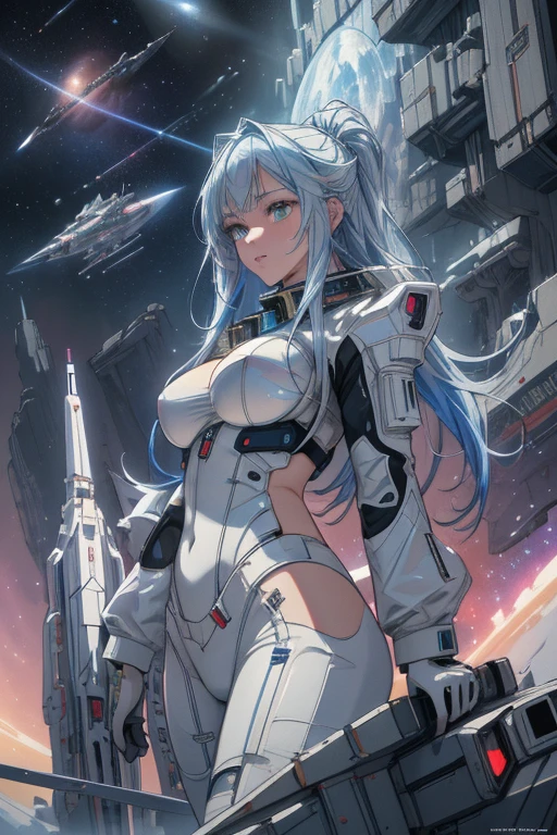 Anime Style,こまかく書き込まれたpeopleがたくさんいる背景,Space Colony,people,笑顔の吟遊詩peopleのエルフ,Mature Woman,Large Breasts,Protruding buttocks