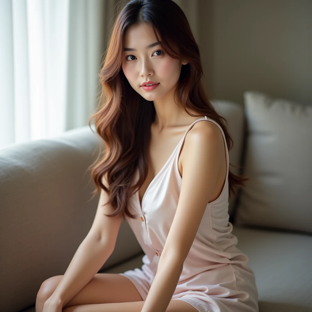 Dark brown hair、bright茶色の目、Japanese actress、 Lady、I am about 40 years old.....、(Intricate details:1.2)、(Which is the top?????:1.4)、 (Ultra-high resolution:1.2)、Ultra-high resolution、(fine adjustment)、(Detailed facial features)、Hmph、8k resolution、D cup size breasts、Long Hair、bright, Sunny living room、Large windows、Extravagant space、relax、、,Full body photo、Head to toe shot、Beautiful feet、Loose dress、Beautiful feet、A refreshing room filled with sunlight、she, household items, (plant:0.8), Fashion Hub, Attention to detail, Very detailed, Realistic, Hourglass Shaped Body, Obscene pose,、、私 cry a lot、tears、person on the left、White wall、White floor、diagonally from below、please lift your chin、Lean on、relaxした表情、Pose of Weakness、