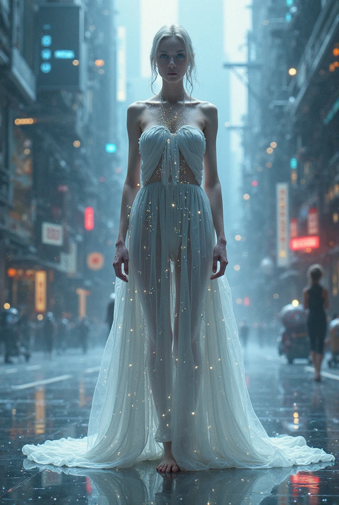((slow speed photography style)), (fisheye photography style), night atmosphere, f-stop 1/4 ISO100 f/8, a beautiful Caucasian Korean giant-extra-super-fantastic-big_ pretty young female with Elsa from Frozen style standing alone on the rooftop building room, in the dark night, elegant face with detailed flawless make-up, straight white hair Elsa style, wearing chrome holographic glossy luxury dress Elsa style, wearing 40cm high heels, long legs, tall body posture, walks movement in a middle empty street alley of city, beautiful and graceful and dazzling with flawless bold makeup, wearing crystal glass dress, square shape mirrorless dress mirrorless dress, backlite, bokeh, perfect anatomy, hyper realistic, HD 26K
