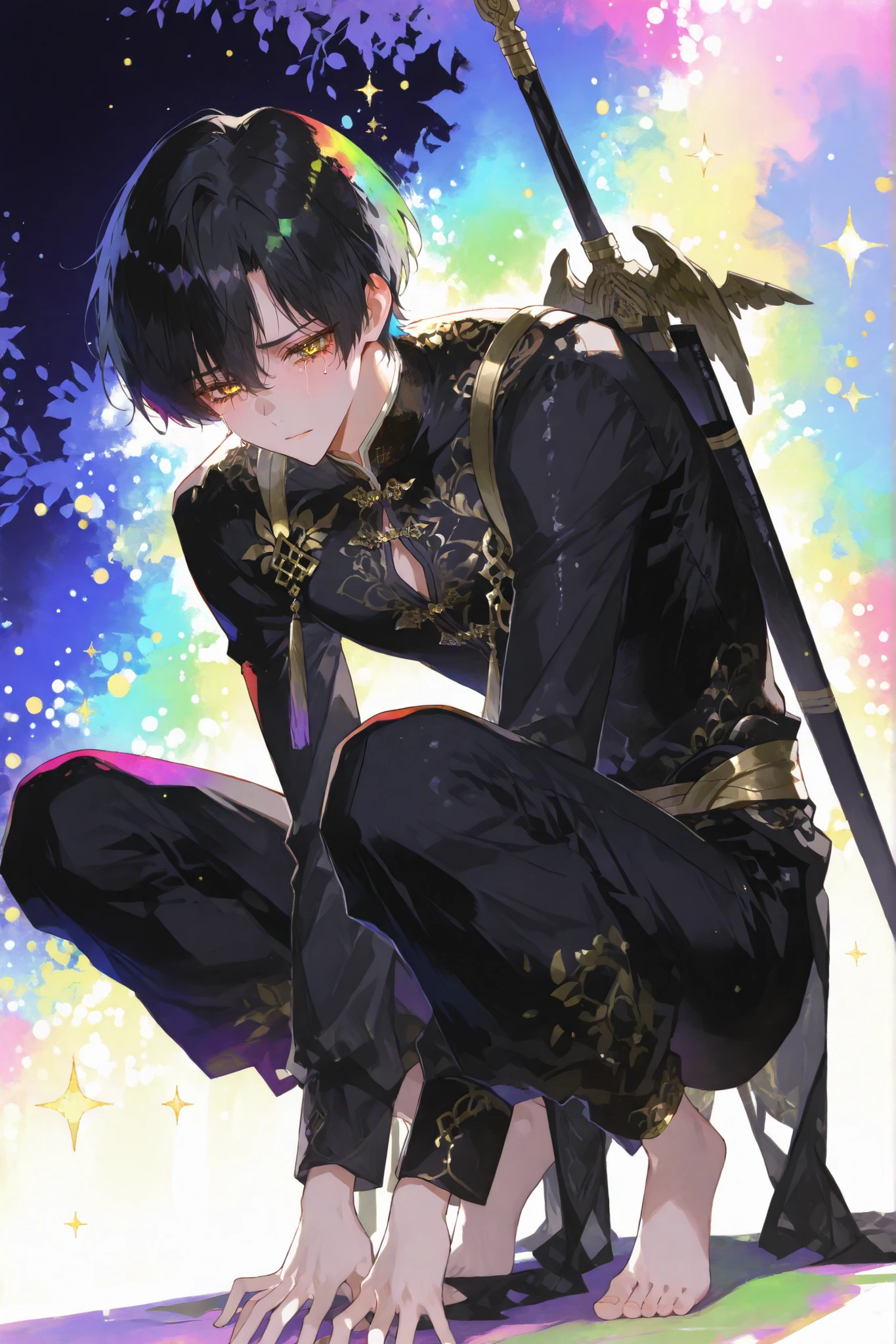 black hair based on Ok Taek Yeon's illustration, colorful background, Guanjo wing on back, yellow eyes with one side of the wing falling off, vestiges, tearful, squatting position