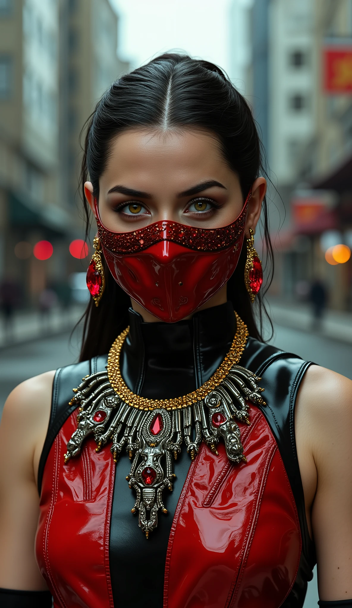 Kristen Stewart from Skarlet from Mortal Kombat with her red mask with super realistic black metal details in high quality, with red earring and gold and red necklace, high quality Soviet Union background with mirrored people and buildings and cars
