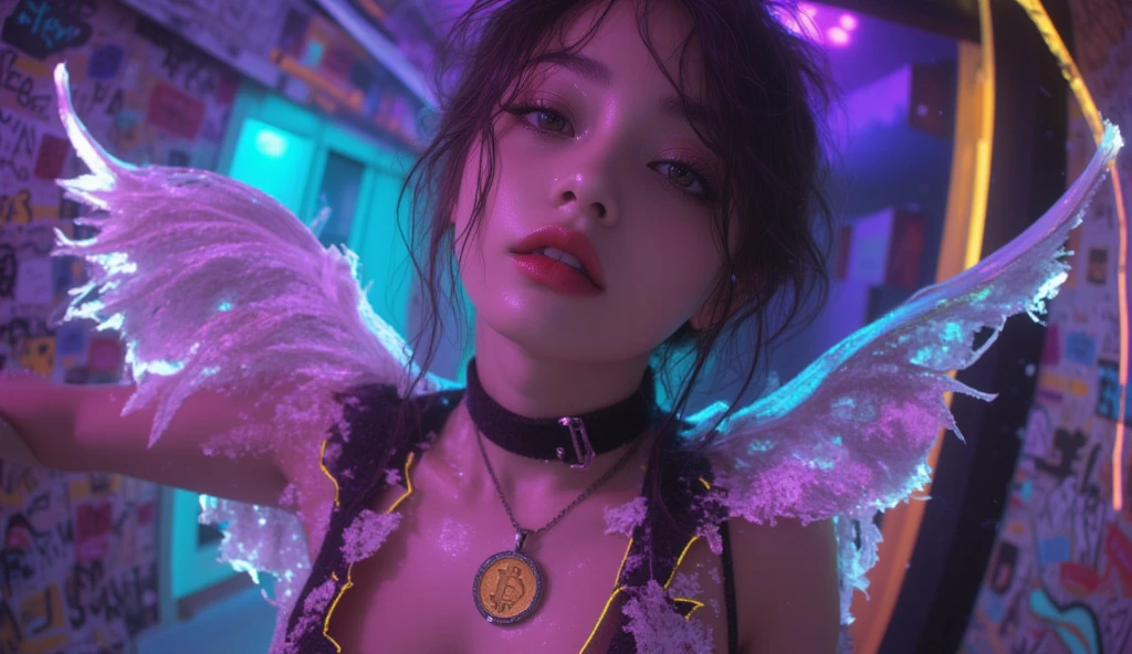 “Mumta, with iridescent wings that shimmer like stardust, prowls the neon-lit stages of distant planets. Her voice, a haunting blend of melancholy and rebellion, echoes through asteroid-filled arenas. Dressed in tattered leather and adorned with cosmic tattoos, she belts out lyrics that speak of love lost across galaxies. Fangs peek out from her crimson lips as she croons, captivating both mortals and extraterrestrials alike.” 🌟🎤🌌