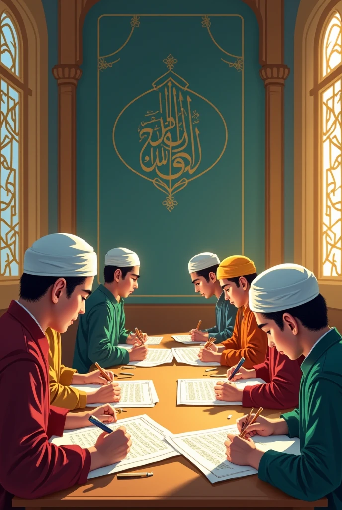 The image shows a 3 muslim sitting in a quiet study room, surrounded by Islamic scriptures, books and stationery. On the table in front of him was an open Koran and a small notepad. The student looked focused and solemn in reading and memorizing, with an expression of perseverance and concentration. The background shows an atmosphere that supports learning, such as bookshelves and soft lighting. Above the image, there is text that reads: "Hafalan yang mutqin adalah akibat dari muroja'ah yang terus-menerus", emphasizing the importance of consistency in repeating memorization to achieve accuracy and thoroughness.