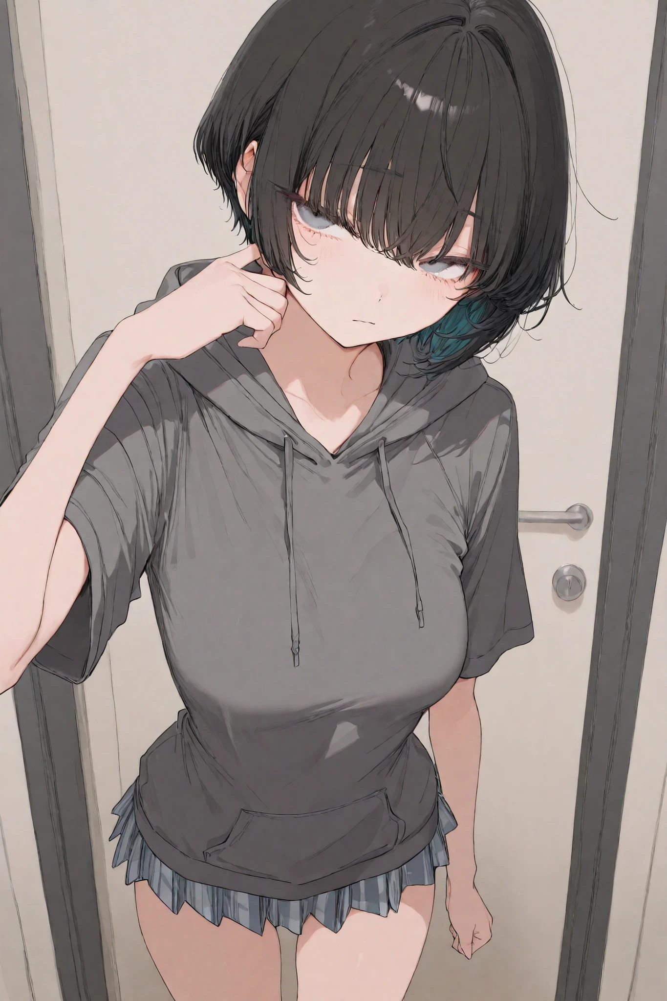 short sleeve hoodie and miniskirt。black hair shortcut。Breasts are about D cups 。Boyish。cute。Intimidating。