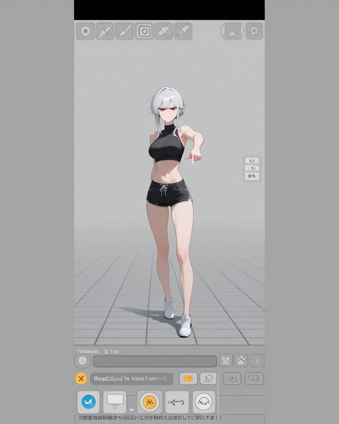 Anime Kawaii sexy Perfect Slim sensual body large breast and huge thighs, An intricate and highly detailed illustration of anime (Young girl) (work of art,highest quallity:1.3,Better quality illustration),cowboy shot,1womanl,Beautiful 20 year old Japanese girl,((very small head:1.4)),long brown hair,bangss,eyes browns,gorgeous eyes,blush,ssmile,breasts small,((very long body:1.4)),(toned body,slenderbody,skinny,skin tanned),(Navy blue sports bra、へそ、Dark blue sports shorts),shining skin,shining skin,(sweat:1.3),standing,grit、Tokyo、