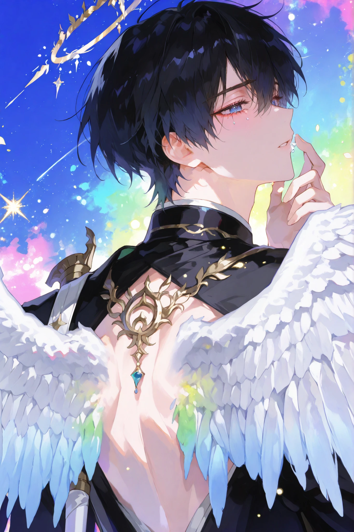 black hair based on Ok Taek Yeon's illustration, colorful background, Guanjo wing on back,[Close up of 2 pairs of wings on the back (2:1)], tearful, [hand falling from the sky (2:3)]