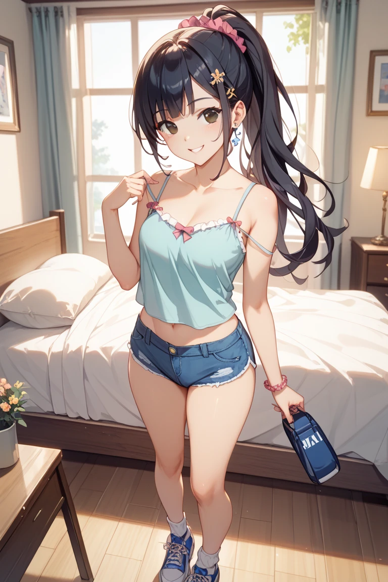 best quality, 1girl, masterpiece ultra detailed, illustration, glossy lips, indoors, standing, (hot short shorts, micro_shorts, bikini top), light smile, looking back at viewer