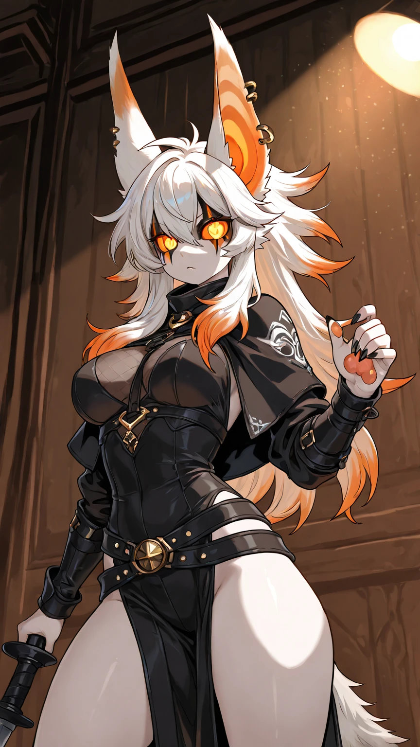 Wolfie, hells, 1girl, solo, furry character, leather pantsuits, wolf ears, white skin, yellow eyes, sexy pose
