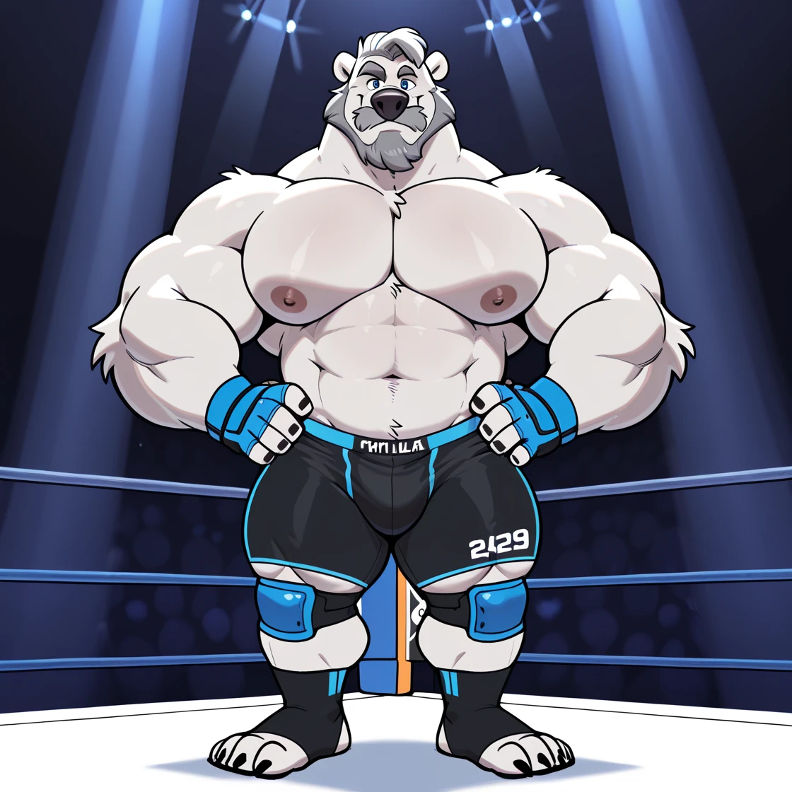 male anthro polar bear, huge muscular chubby, dynamic pose, bust portrait, underwear, solo, white fur, detailed background, bedroom, detailed whote fluffy fur, long fluffy fur, photorealism, fighting ring, hdr, short tail, crowd, purple stage light, blue leather gauntlet