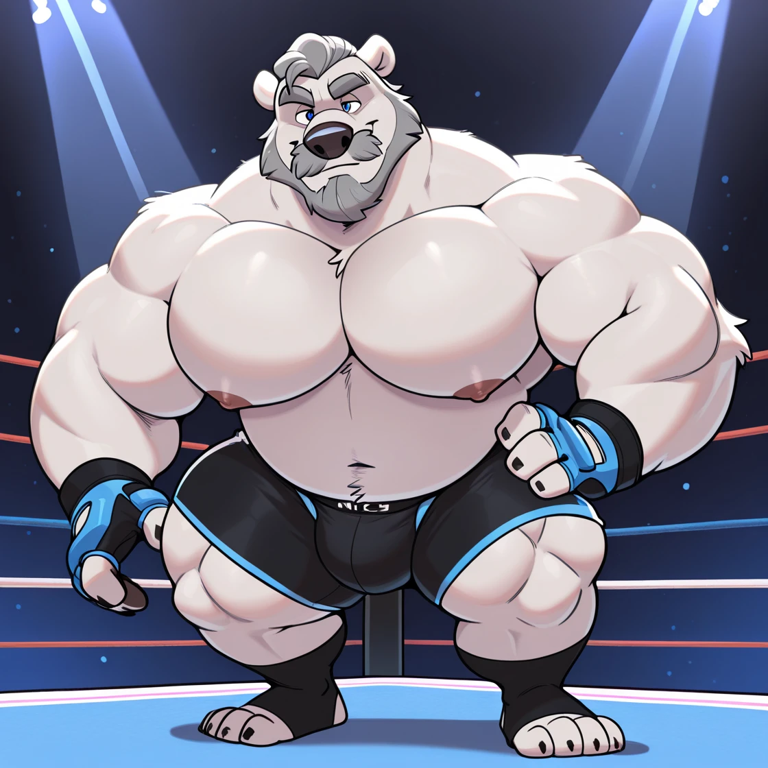 solo, 1boy, Huge Muscular White Polar Bear wearing glasses, huge white fur, pectoral, huge pectoral, wide pectoral, short white hair, blue colored short pants, blue colored wristbands and blue colored tank top, white bearded, white Mustache, white fur, black eyebrows, gym fitness center background, masterpiece, high detailed, 8k, high resolution, at the gym, wrestling, all hunk of muscle