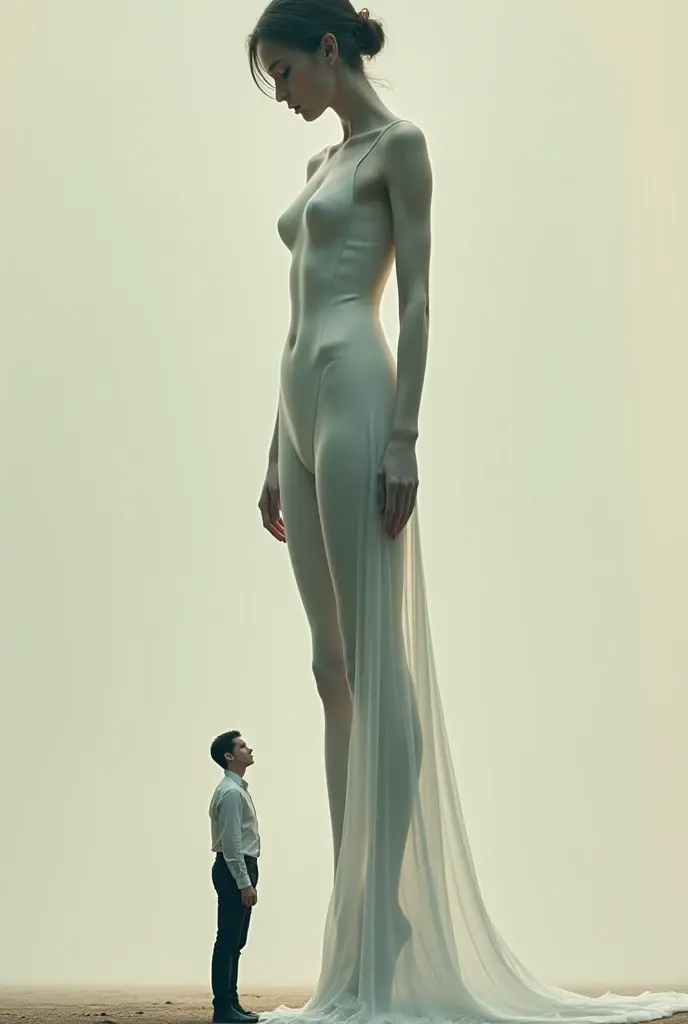 A giant woman in a barefoot suit with a man near the sole of her foot