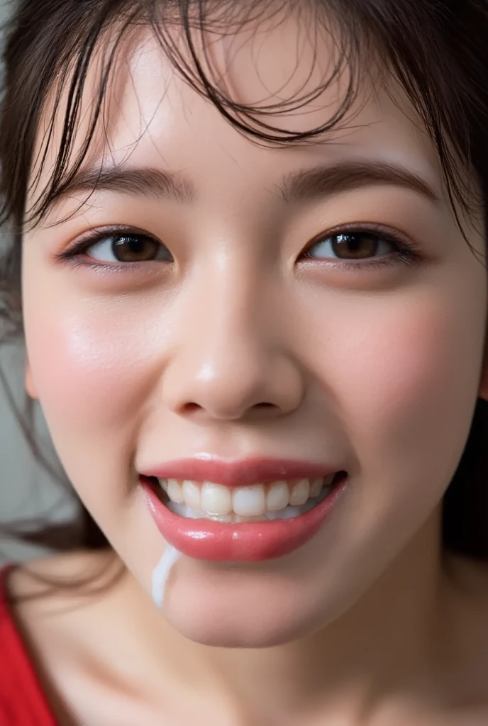 (Highest quality, 4K, 8k, High resolution, masterpiece:1.2), Very detailed, (Realistic, photoRealistic, photo-Realistic:1.37)、smile、Japanese、((Red high neck sleeveless shirt))、(((Bukkake)))、Lips parted,