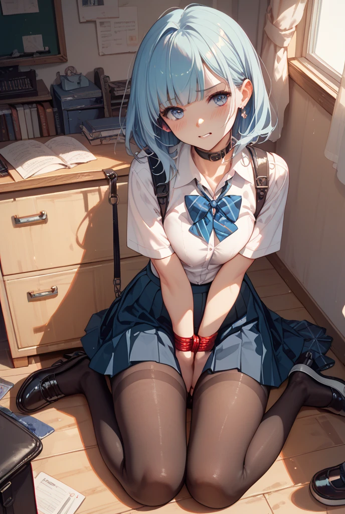 Best Quality,masutepiece,fullnude，look down on, Upper body,lightblue hair，Strands of hair,Fair skin,‎Classroom，tiny chest、Take off your uniform, Bow, Red bow, Long sleeves, Shirt, Collared shirt, White shirt, Skirt, Pleated skirt, Black skirt, tiny chest、looking at the viewers, BREAK (masutepiece:1.2), Best Quality, High resolution, Unity 8k壁纸, (Illustration:0.8), (Beautiful detailed eyes:1.6), extra detailed face, Perfect Lighting, extremely details CG, (Perfect hands, Perfect Anatomy),A smile、(Skirt lift:1.3), (white  panties:1.3)、(Skirt that rolls up:1.3)、(Fully exposed panties:1.5)