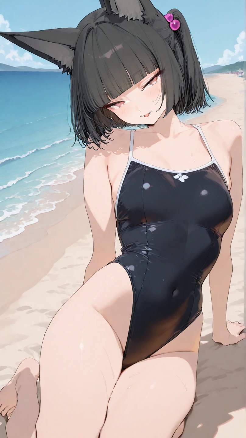 、(masterpiece、Highest quality)、Highest quality, Ultra-high resolution, (((masterpiece))), alone, Sweat、Big eyes, Composition from the front、Shortcuts、Embarrassed face、Bronze colored hair、Cut your hair short、Ocean、beach、Black Micro Bikini、belly button、short hair